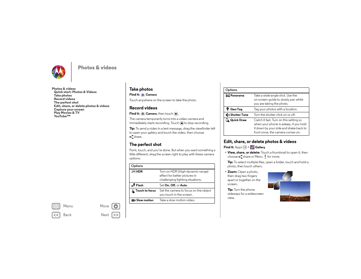 Take photos, Record videos, The perfect shot | Edit, share, or delete photos & videos, E “ take photos, Next, Photos & videos | Motorola moto x User Manual | Page 40 / 68