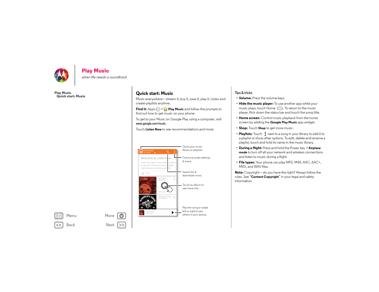 Play music, Quick start: music, Music | Playlists, Next | Motorola moto x User Manual | Page 42 / 68