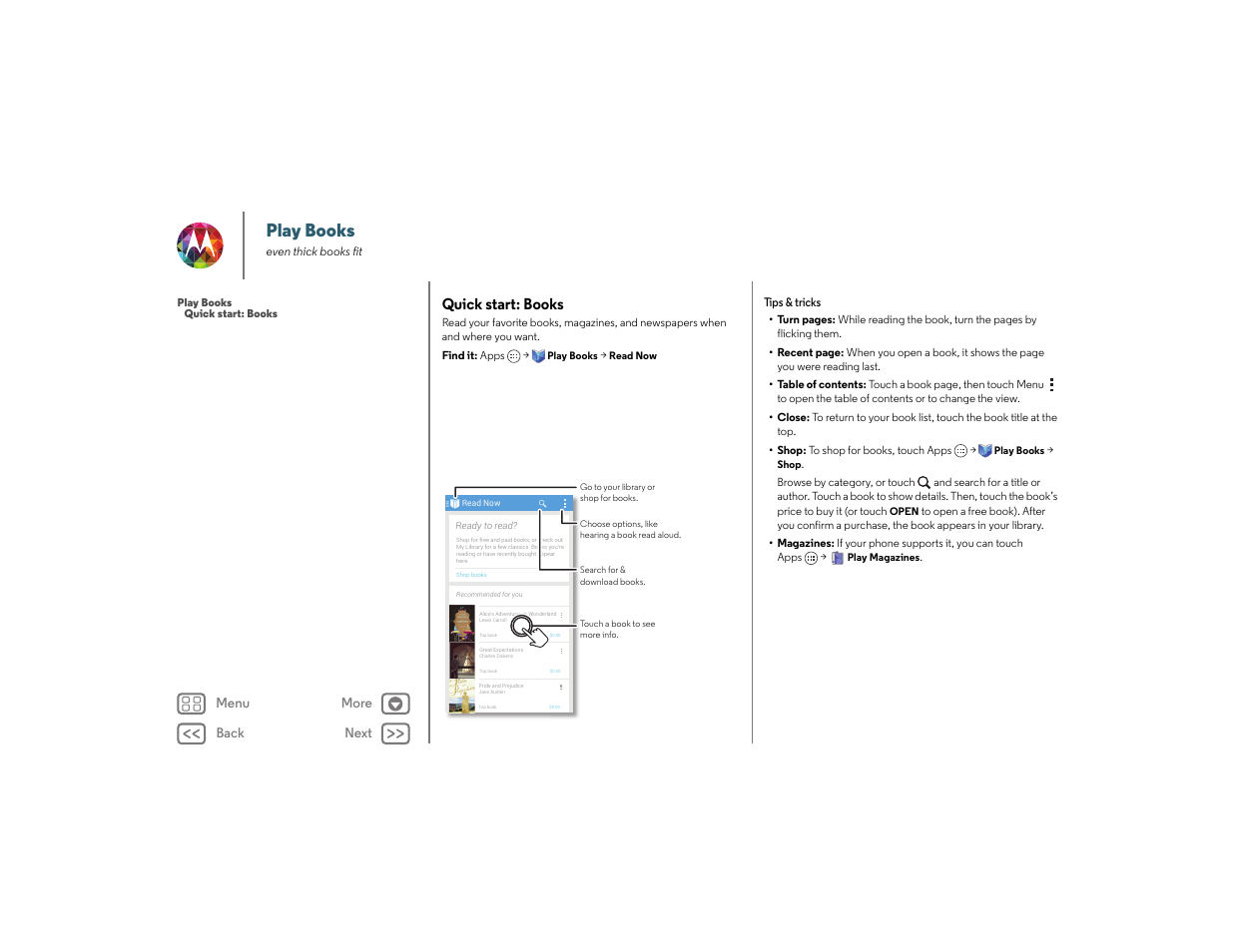 Play books, Quick start: books, Books | Next | Motorola moto x User Manual | Page 43 / 68