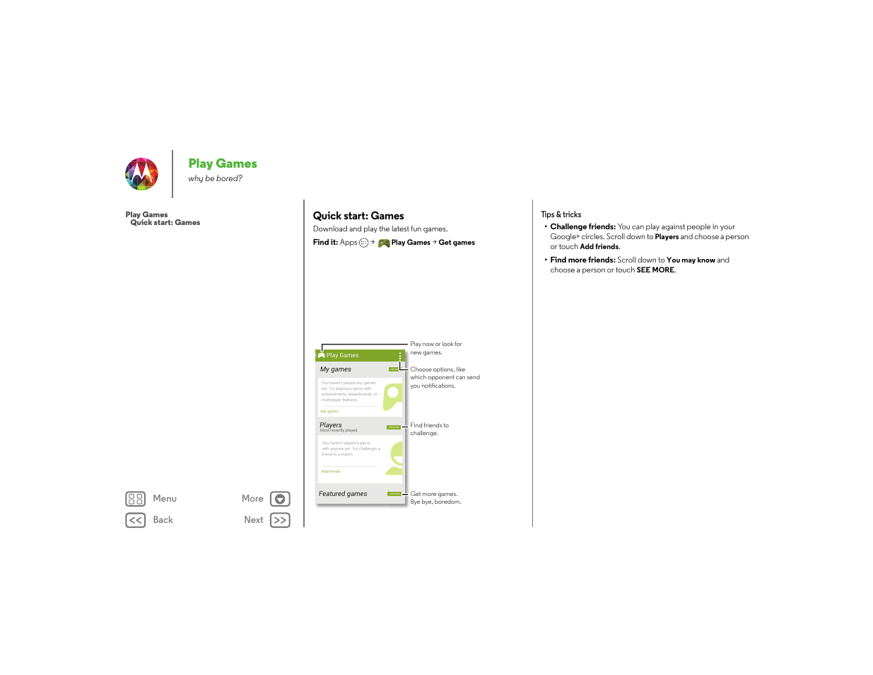 Play games, Quick start: games, Next | Motorola moto x User Manual | Page 44 / 68