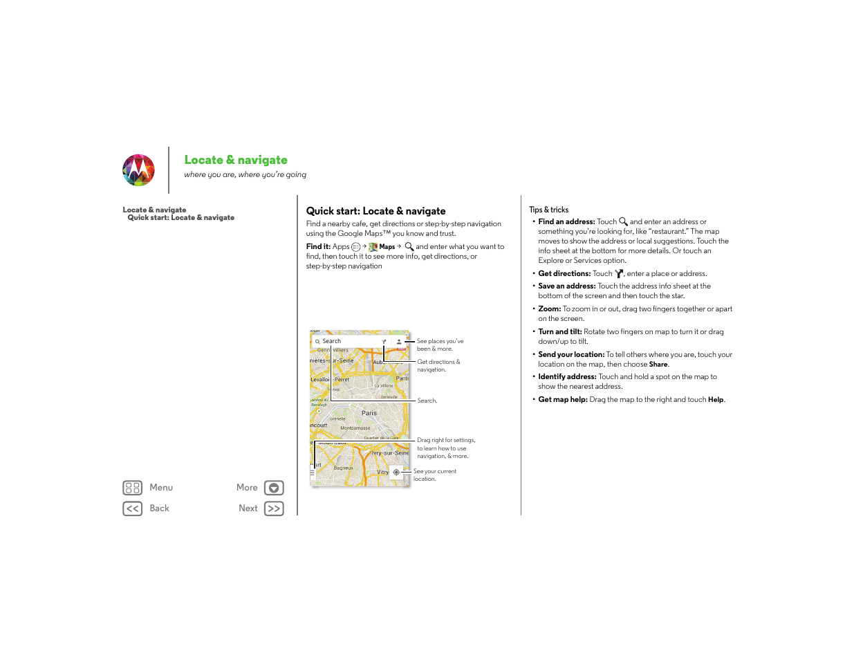 Locate & navigate, Quick start: locate & navigate, Locate | 44 west street, See “ locate & navigate, Next | Motorola moto x User Manual | Page 45 / 68