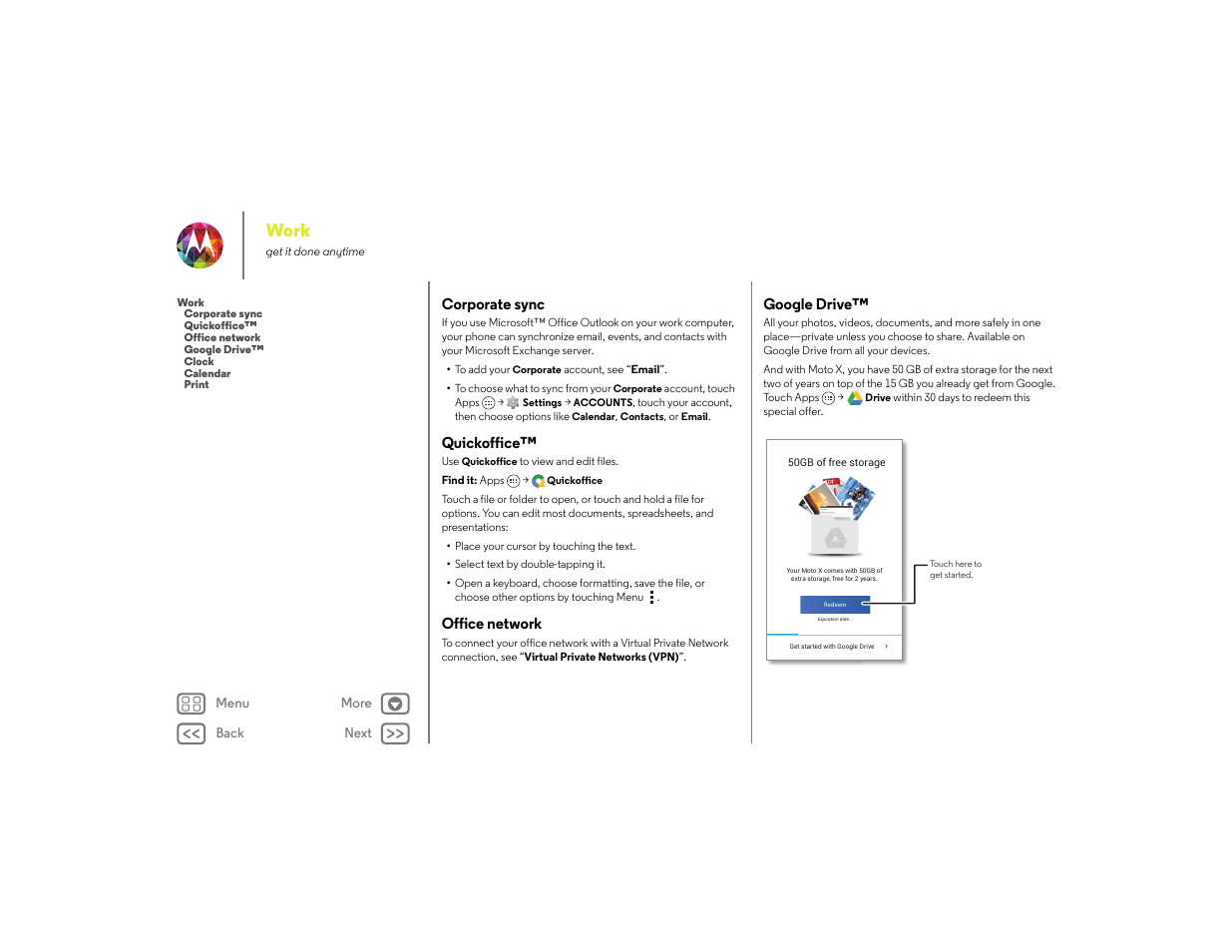 Work, Corporate sync, Quickoffice | Office network, Google drive, Next | Motorola moto x User Manual | Page 46 / 68