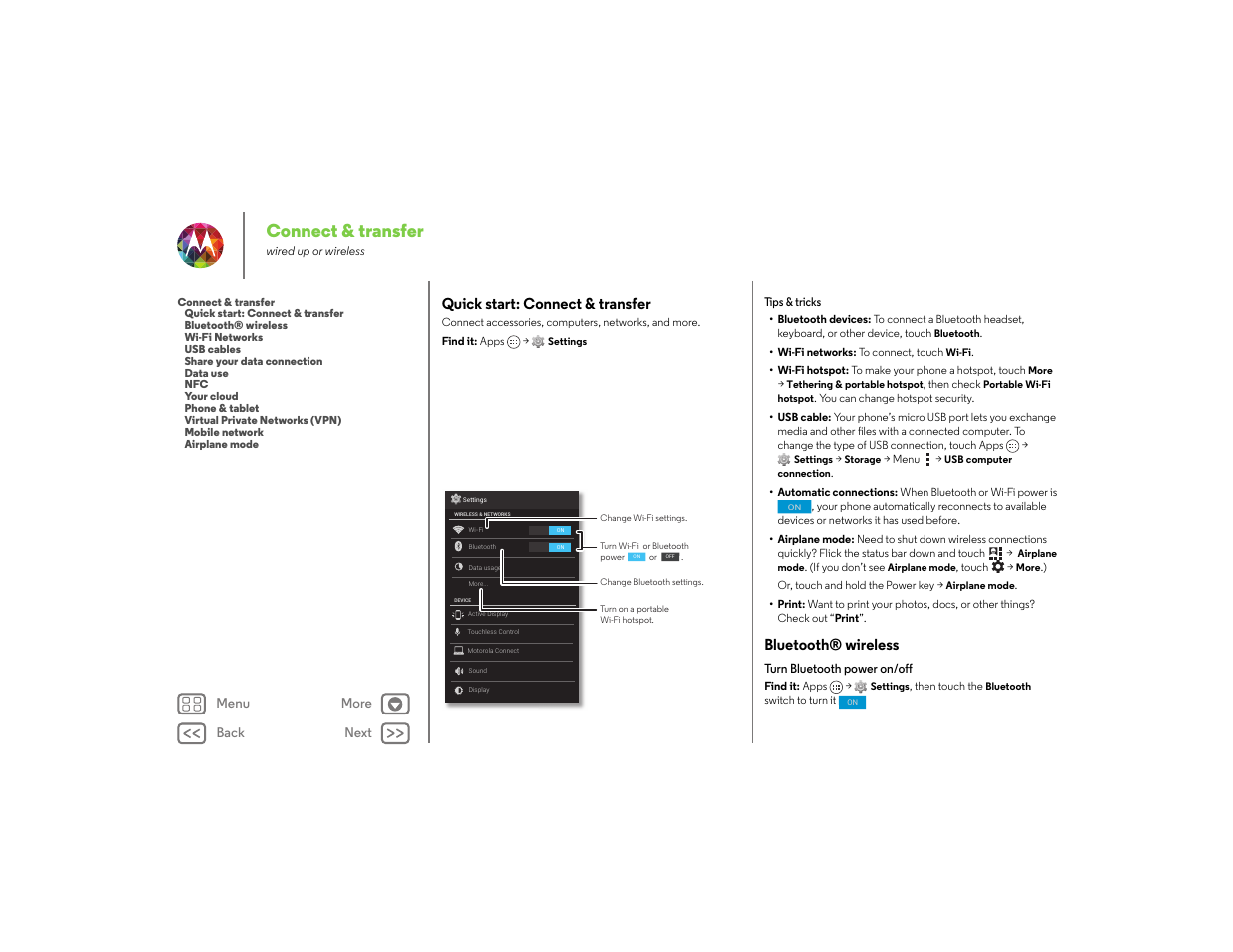 Connect & transfer, Quick start: connect & transfer, Bluetooth® wireless | E “ connect & transfer, Next | Motorola moto x User Manual | Page 49 / 68