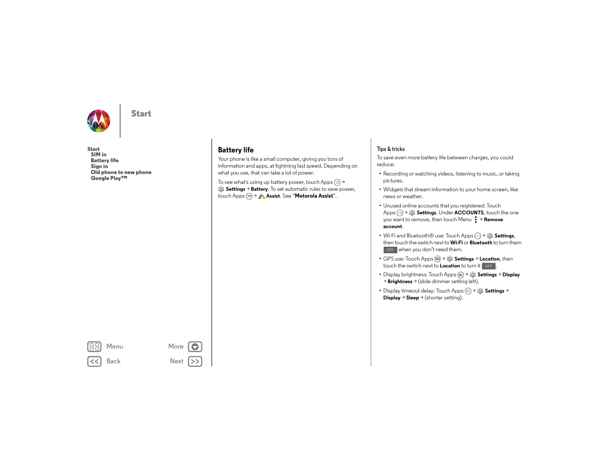 Battery life, Next, Start | Motorola moto x User Manual | Page 5 / 68