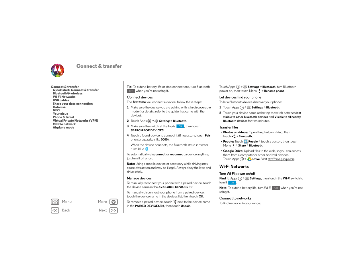 Wi-fi networks, Next, Connect & transfer | Motorola moto x User Manual | Page 50 / 68