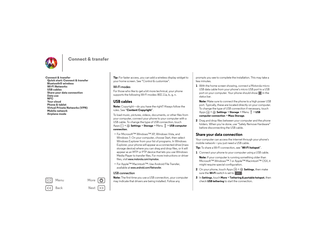 Usb cables, Share your data connection, Usb cables share your data connection | Next, Connect & transfer | Motorola moto x User Manual | Page 52 / 68