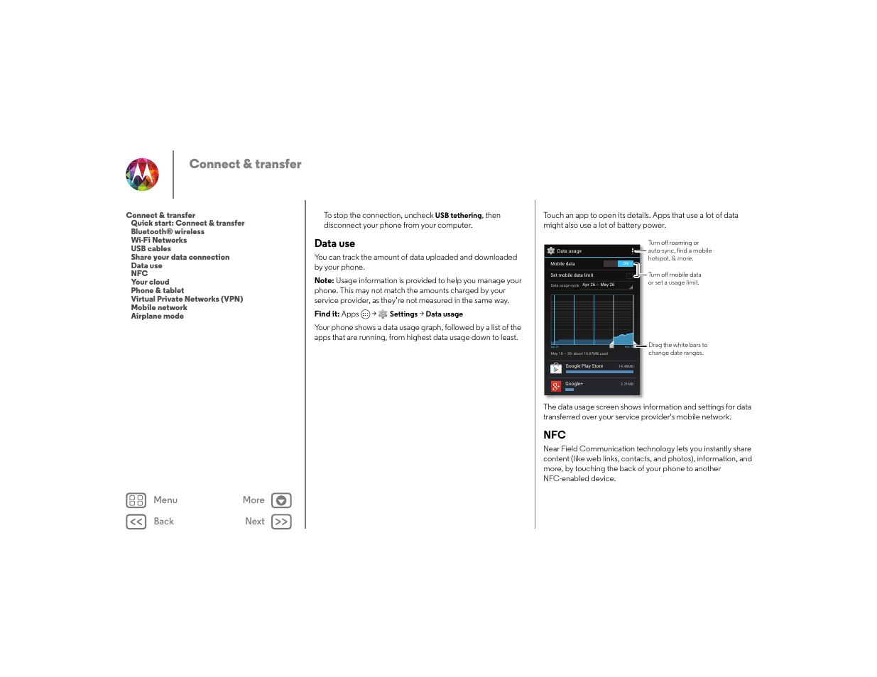 Data use, Data use nfc, Next | Connect & transfer | Motorola moto x User Manual | Page 53 / 68