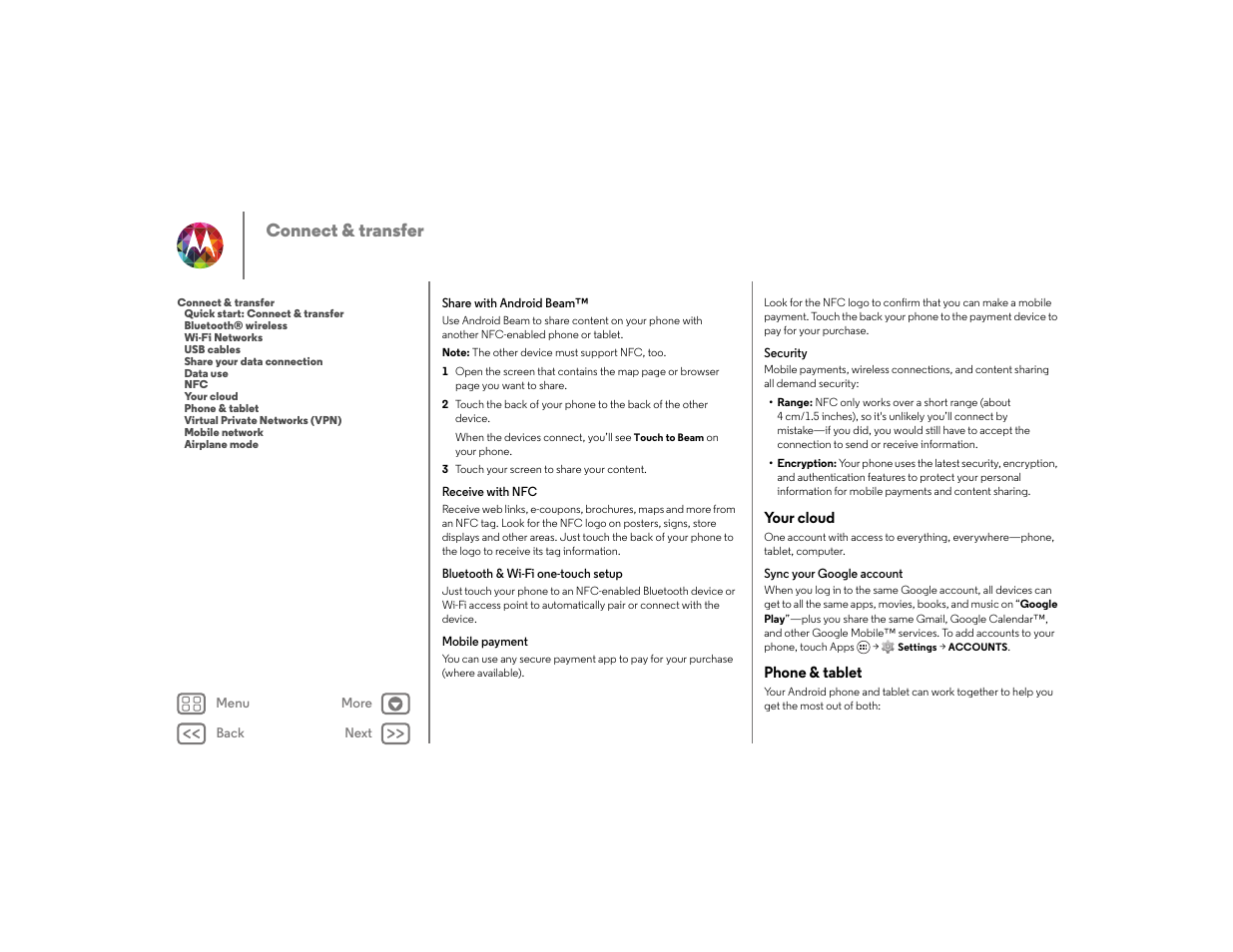 Your cloud, Phone & tablet, Check out “ your | Cloud, Your cloud phone & tablet, Next, Connect & transfer | Motorola moto x User Manual | Page 54 / 68