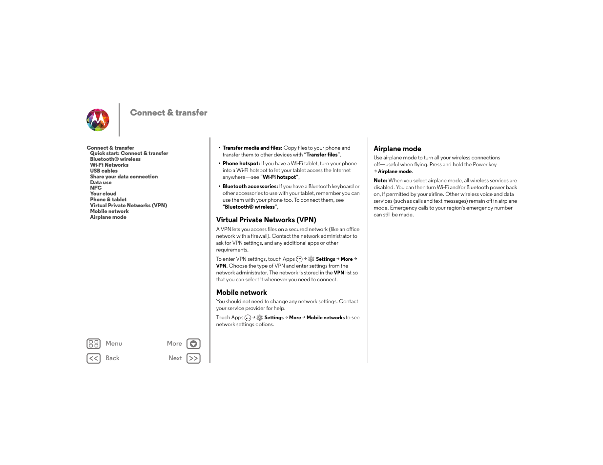 Virtual private networks (vpn), Mobile network, Airplane mode | E “ virtual private networks (vpn), Next, Connect & transfer | Motorola moto x User Manual | Page 55 / 68