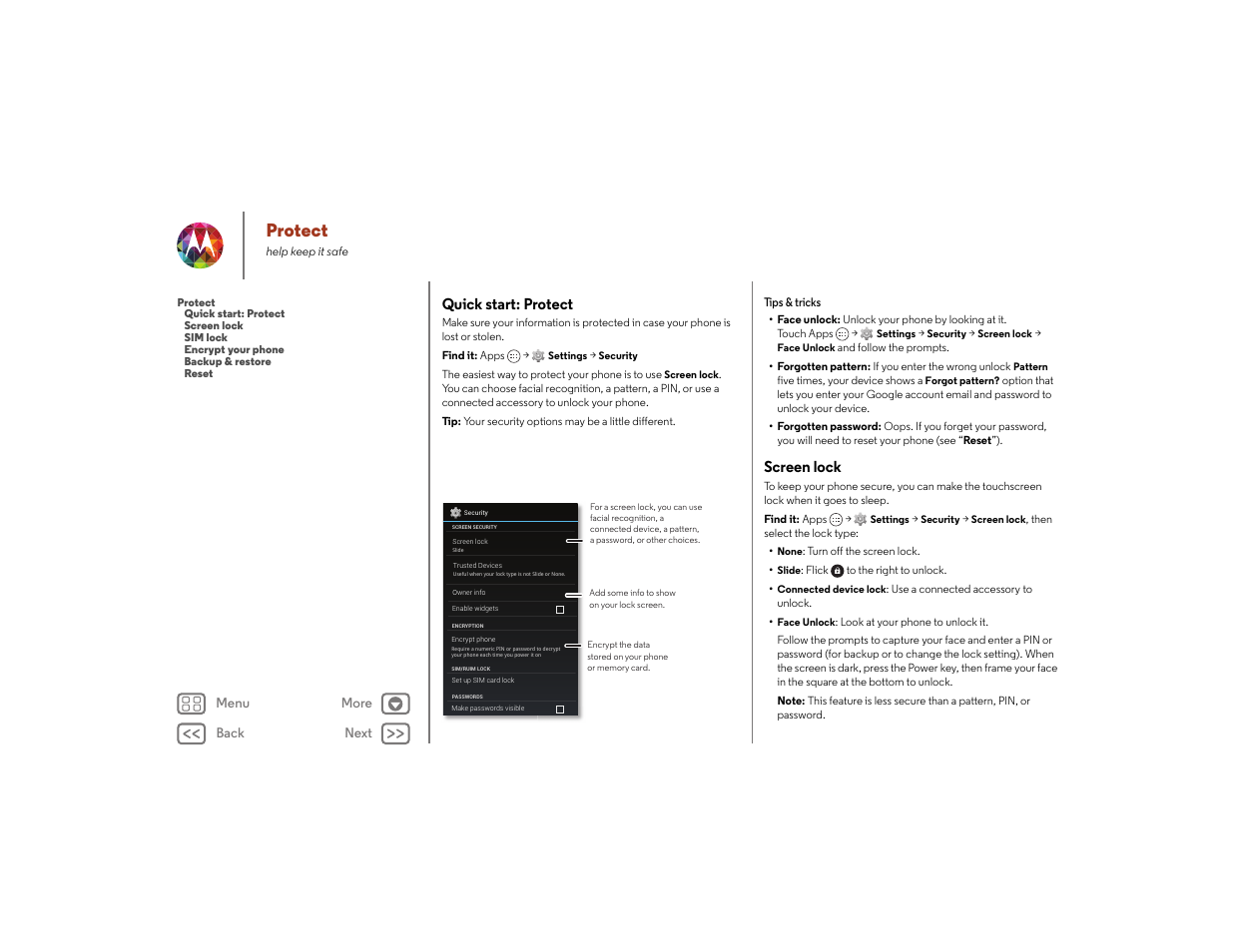 Protect, Quick start: protect, Screen lock | E “ protect, Next | Motorola moto x User Manual | Page 56 / 68