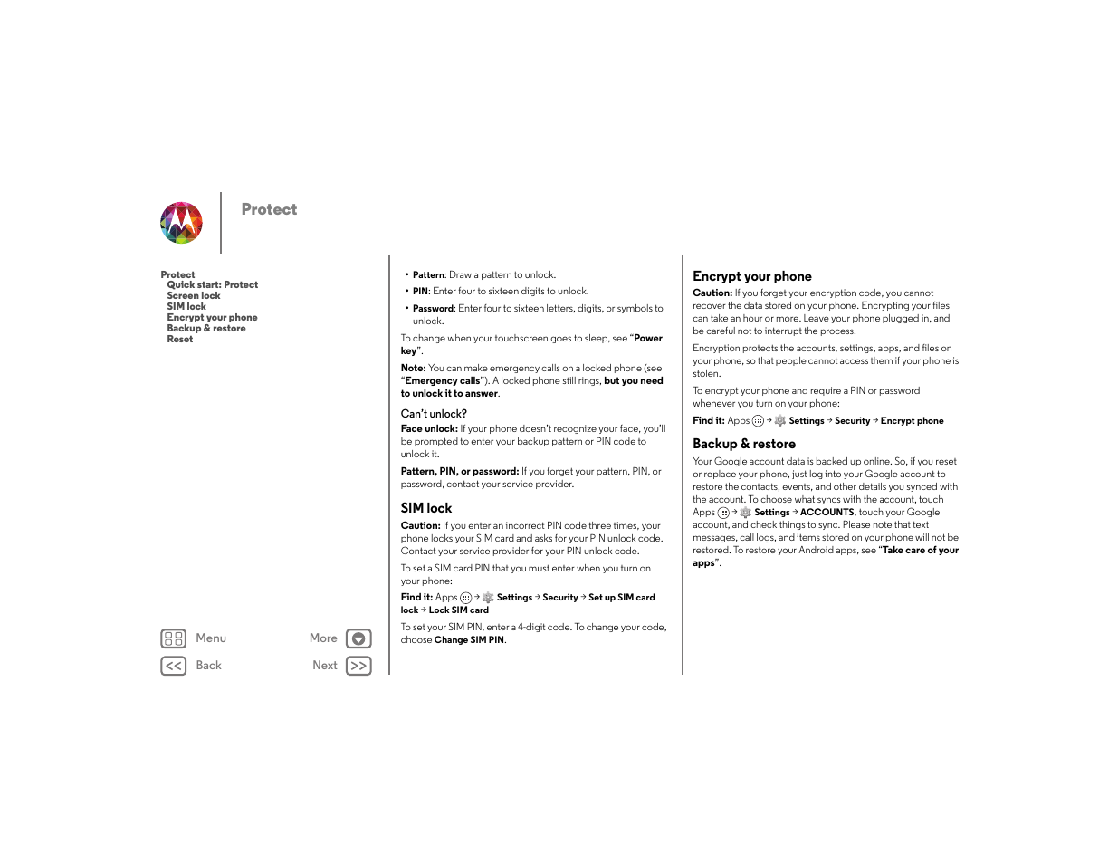 Sim lock, Encrypt your phone, Backup & restore | Next, Sim lock encrypt your phone backup & restore, Protect | Motorola moto x User Manual | Page 57 / 68