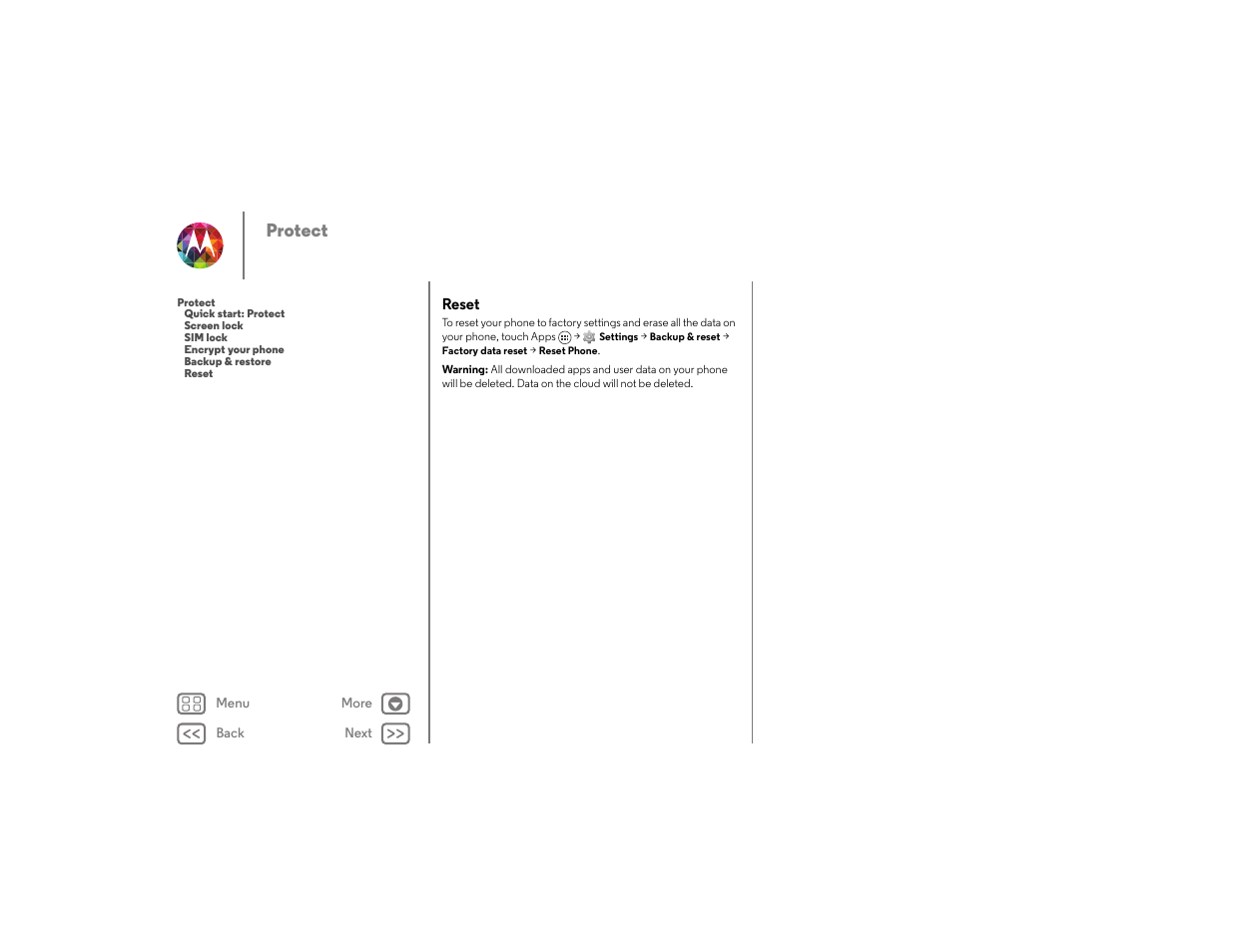 Reset, Reset ”), Next | Protect | Motorola moto x User Manual | Page 58 / 68