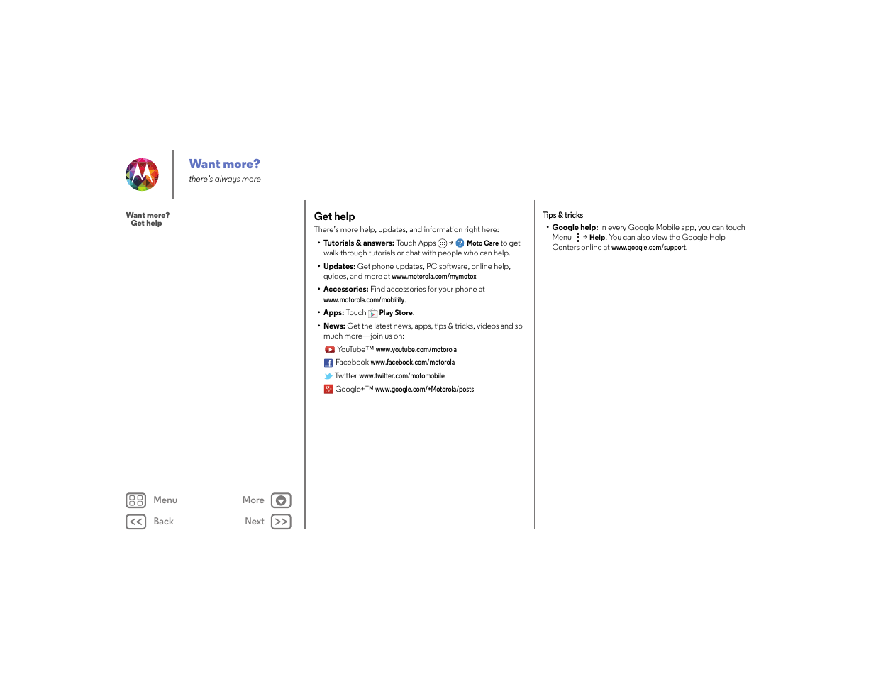 Want more, Get help, More | Next | Motorola moto x User Manual | Page 59 / 68