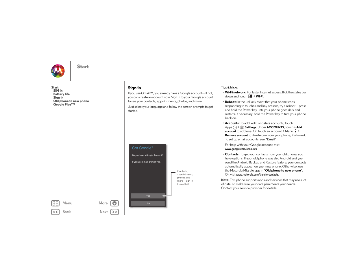 Sign in, Next, Start | Motorola moto x User Manual | Page 6 / 68