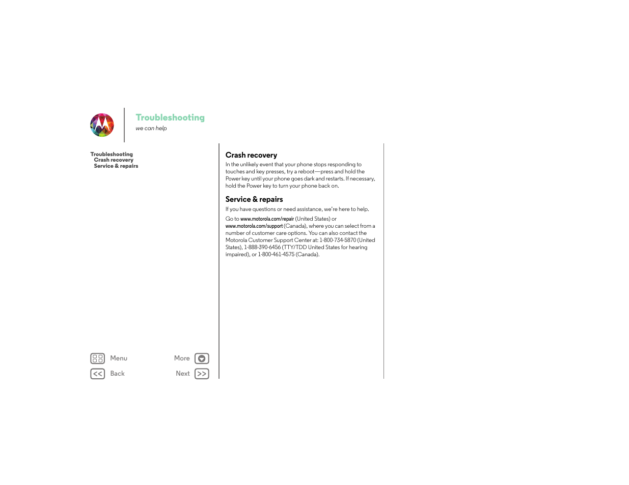 Troubleshooting, Crash recovery, Service & repairs | Troubleshoot, Next | Motorola moto x User Manual | Page 60 / 68