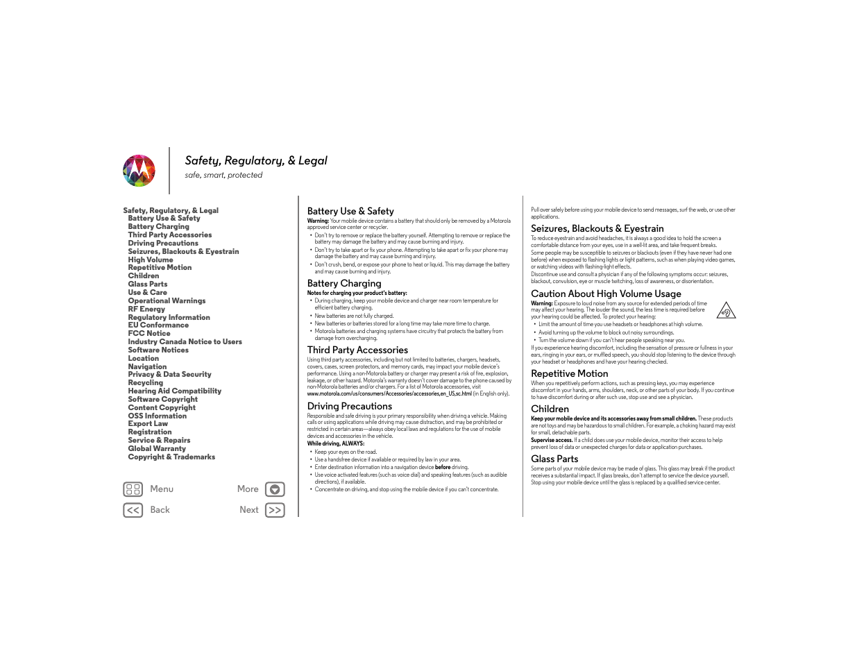 Safety, regulatory, & legal, Battery use & safety, Battery charging | Third party accessories, Driving precautions, Seizures, blackouts & eyestrain, Caution about high volume usage, Repetitive motion, Children, Glass parts | Motorola moto x User Manual | Page 61 / 68