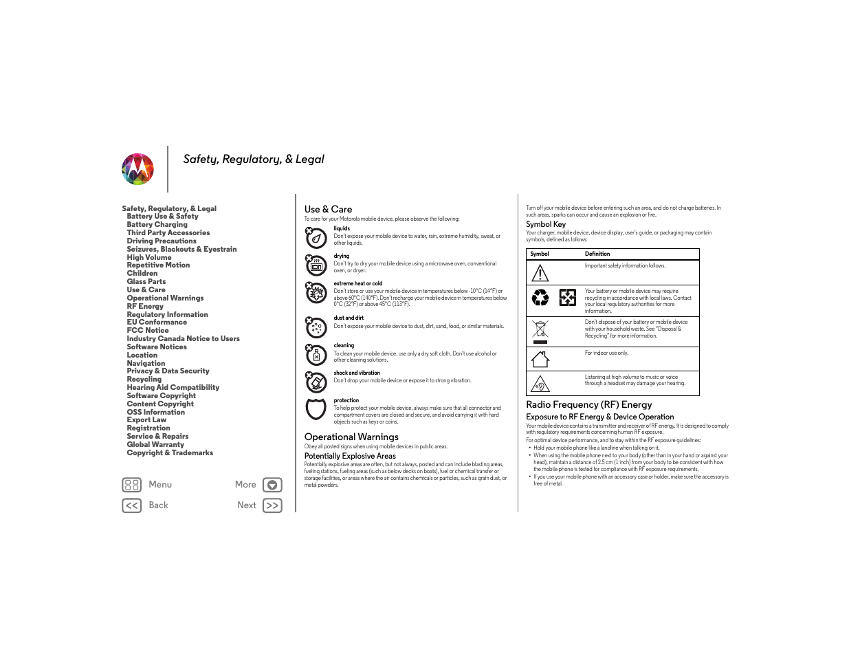 Use & care, Operational warnings, Radio frequency (rf) energy | Safety, regulatory, & legal | Motorola moto x User Manual | Page 62 / 68