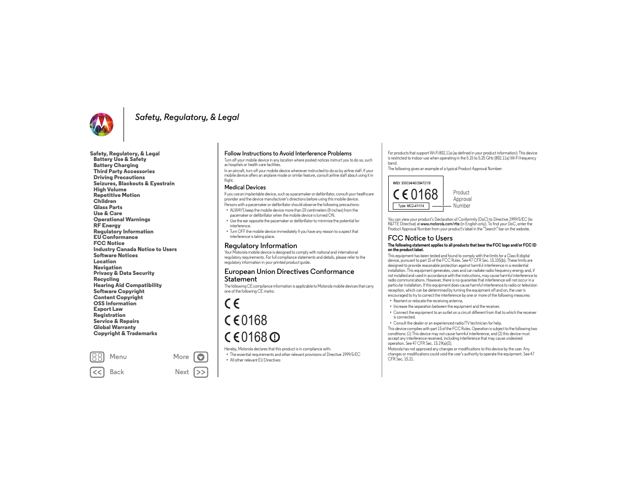 Regulatory information, European union directives conformance statement, Fcc notice to users | Next, Regulatory information eu conformance fcc notice, Safety, regulatory, & legal | Motorola moto x User Manual | Page 63 / 68