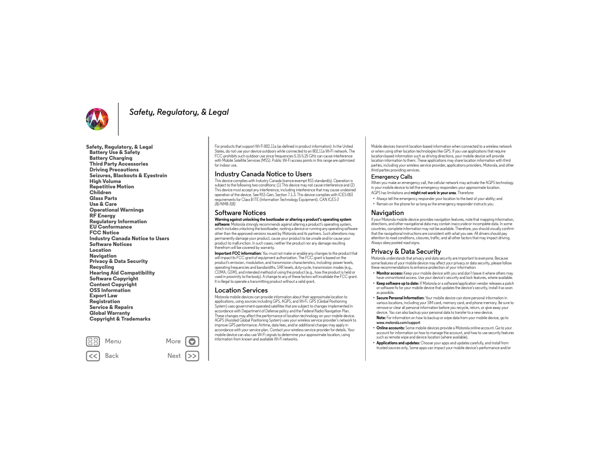 Industry canada notice to users, Software notices, Location services | Navigation, Privacy & data security, Next, Safety, regulatory, & legal | Motorola moto x User Manual | Page 64 / 68