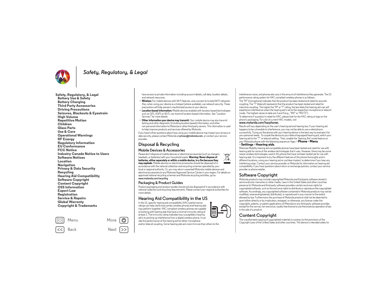 Disposal & recycling, Hearing aid compatibility in the us, Software copyright | Content copyright, Next, Safety, regulatory, & legal | Motorola moto x User Manual | Page 65 / 68