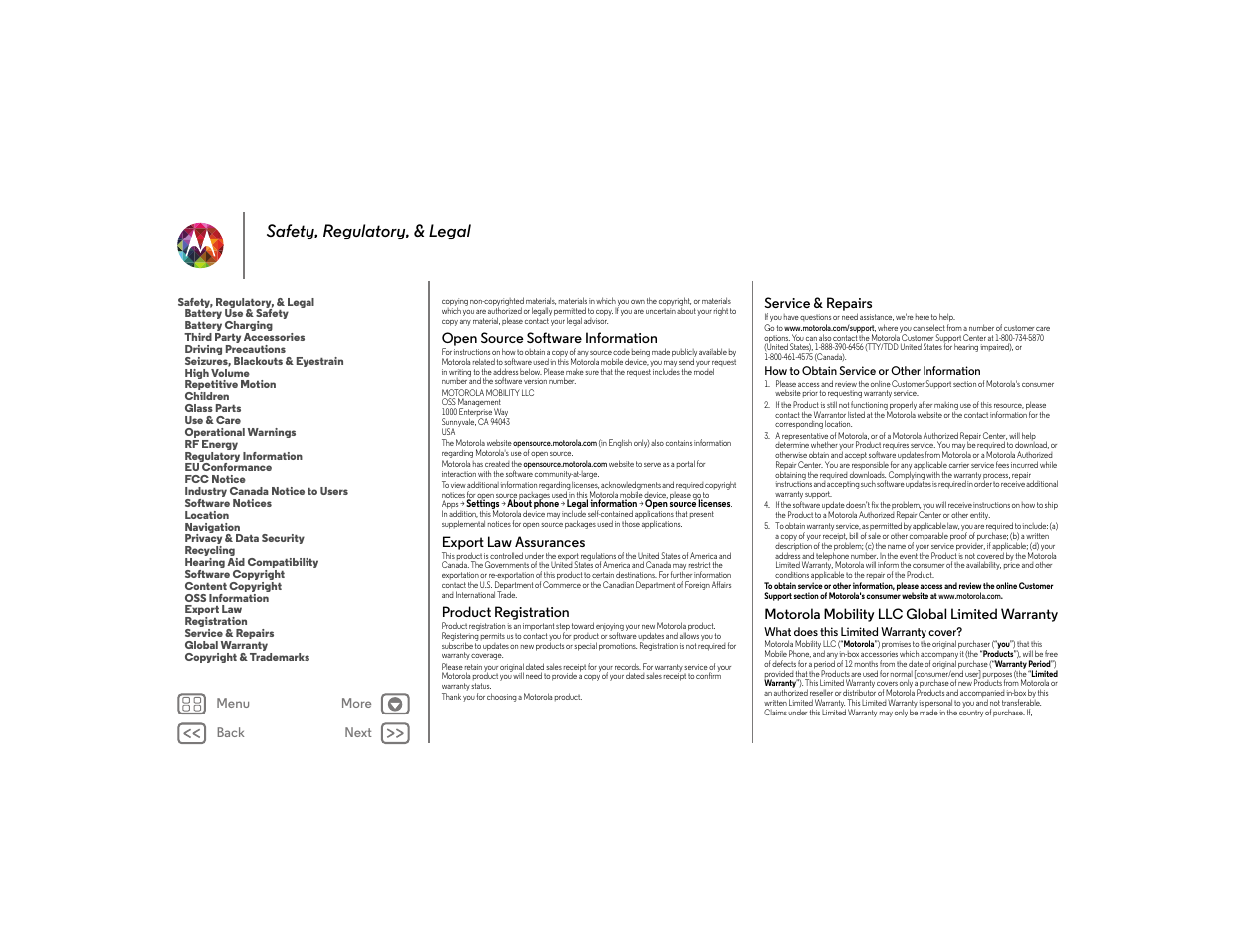 Open source software information, Export law assurances, Product registration | Service & repairs, Motorola mobility llc global limited warranty, Next, Safety, regulatory, & legal | Motorola moto x User Manual | Page 66 / 68