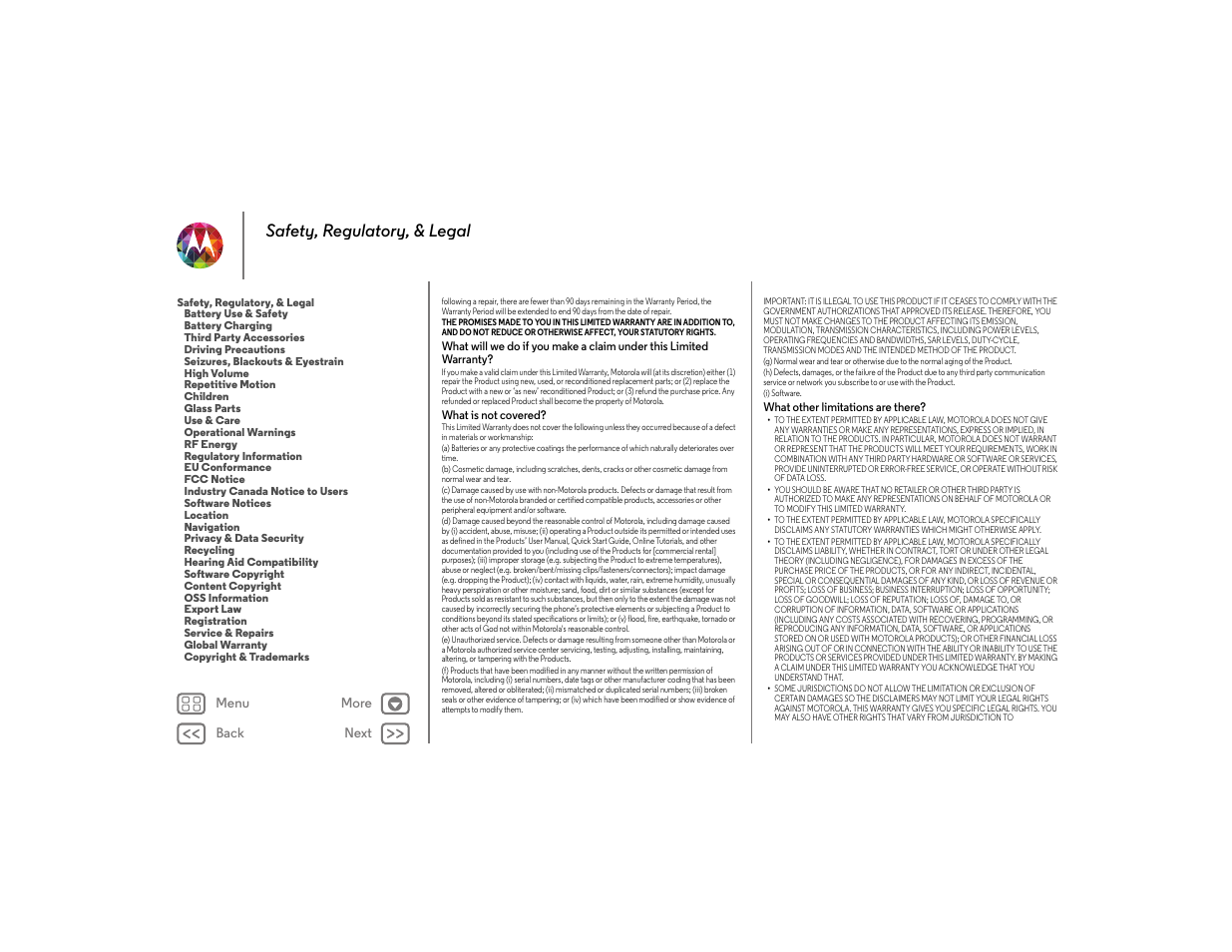 Next, Safety, regulatory, & legal | Motorola moto x User Manual | Page 67 / 68