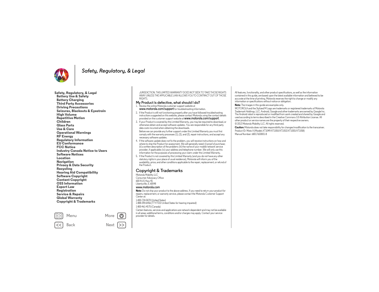 Copyright & trademarks, Next, Safety, regulatory, & legal | Motorola moto x User Manual | Page 68 / 68