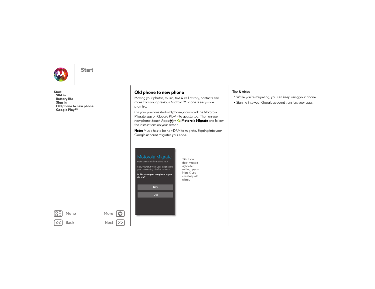 Old phone to new phone, Next, Start | Motorola moto x User Manual | Page 7 / 68