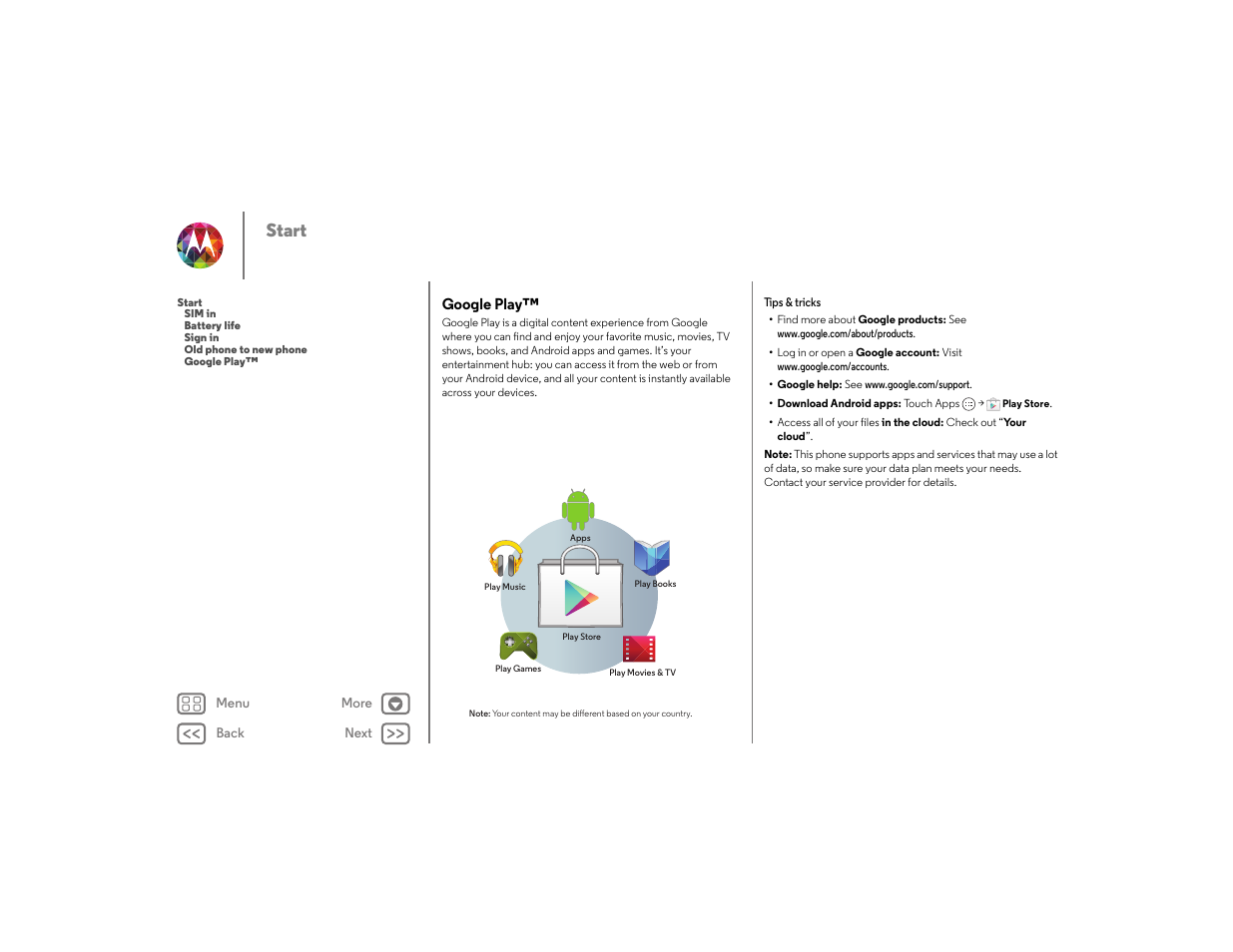 Google play, Next, Start | Motorola moto x User Manual | Page 8 / 68