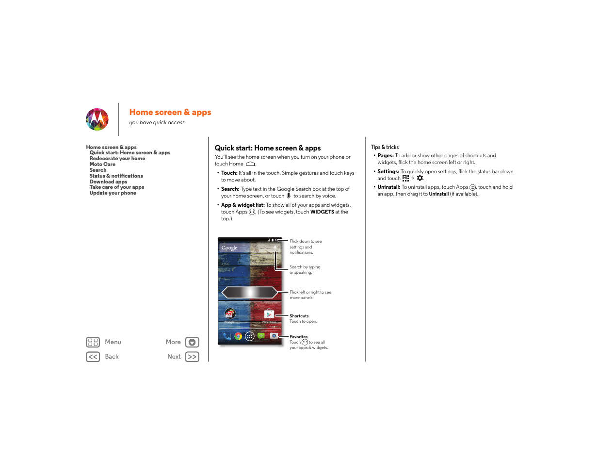 Home screen & apps, Quick start: home screen & apps, Next | Motorola moto x User Manual | Page 9 / 68