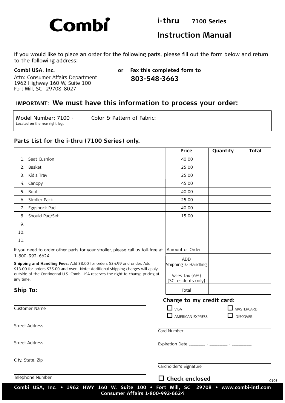 Parts order form, I-thru, Instruction manual | Combi 7100 Series User Manual | Page 11 / 11