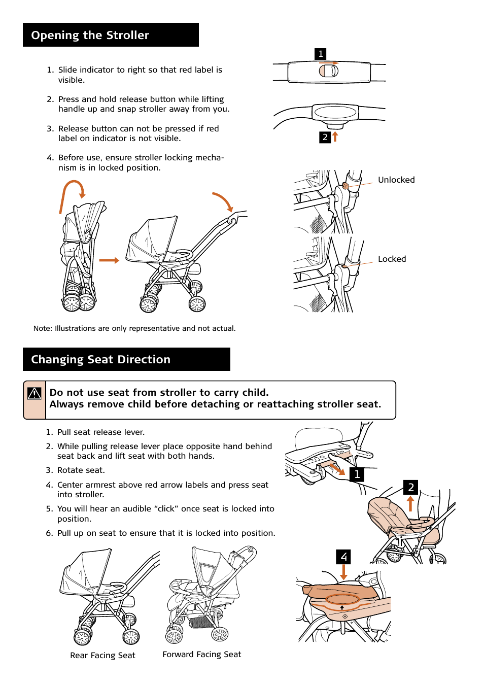 Opening the stroller, Changing seat direction | Combi 7100 Series User Manual | Page 4 / 11