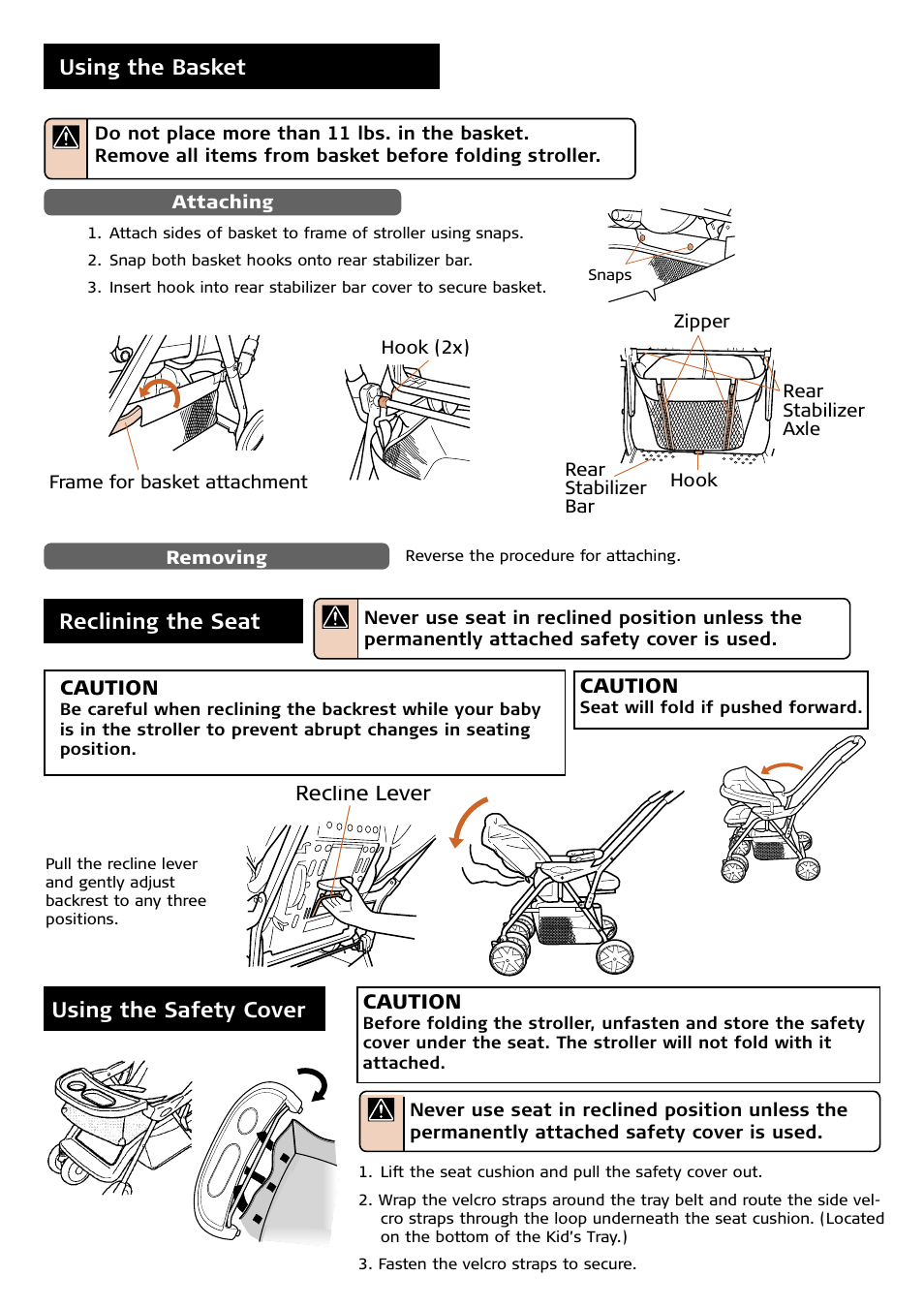 Using the basket reclining the seat recline lever, Recline lever using the safety cover | Combi 7100 Series User Manual | Page 5 / 11