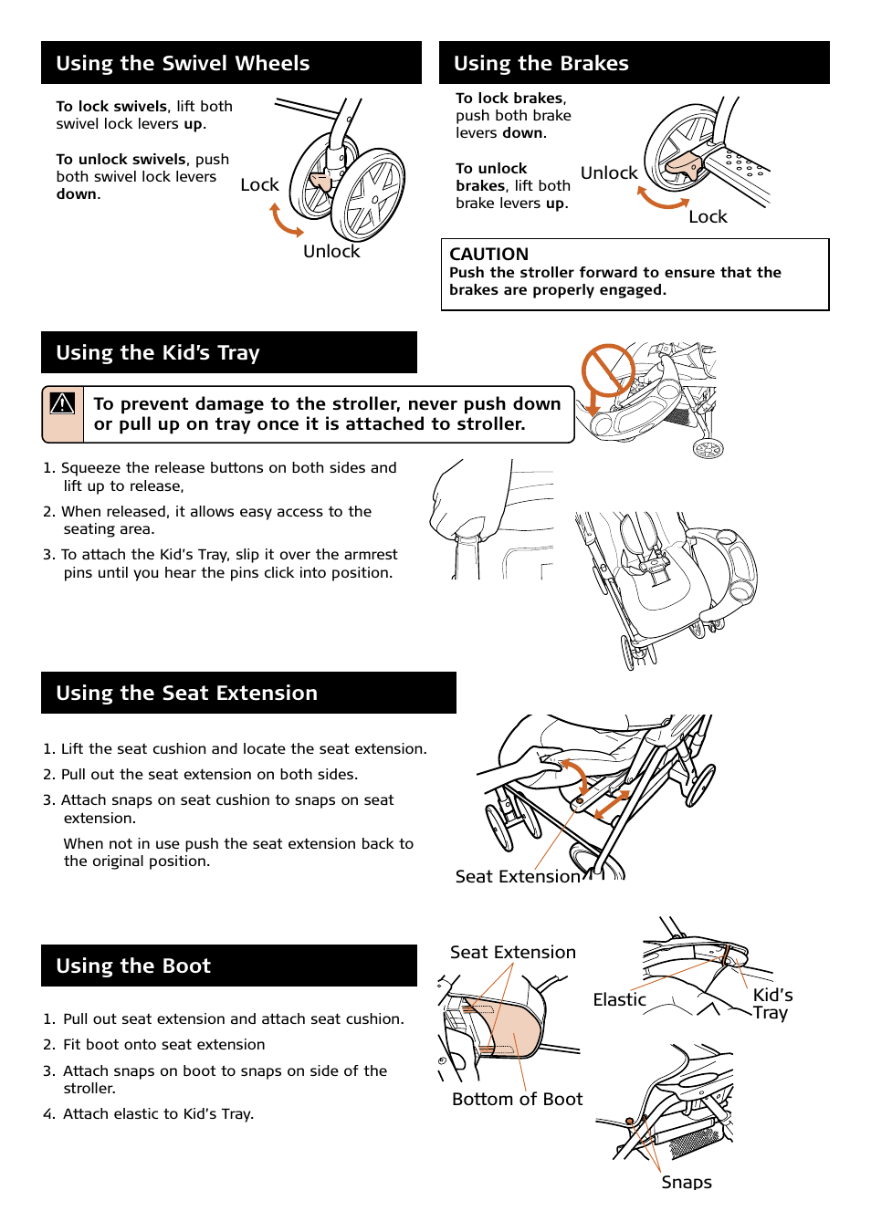 Using the brakes using the swivel wheels, Using the kid’s tray, Using the seat extension using the boot | Combi 7100 Series User Manual | Page 6 / 11