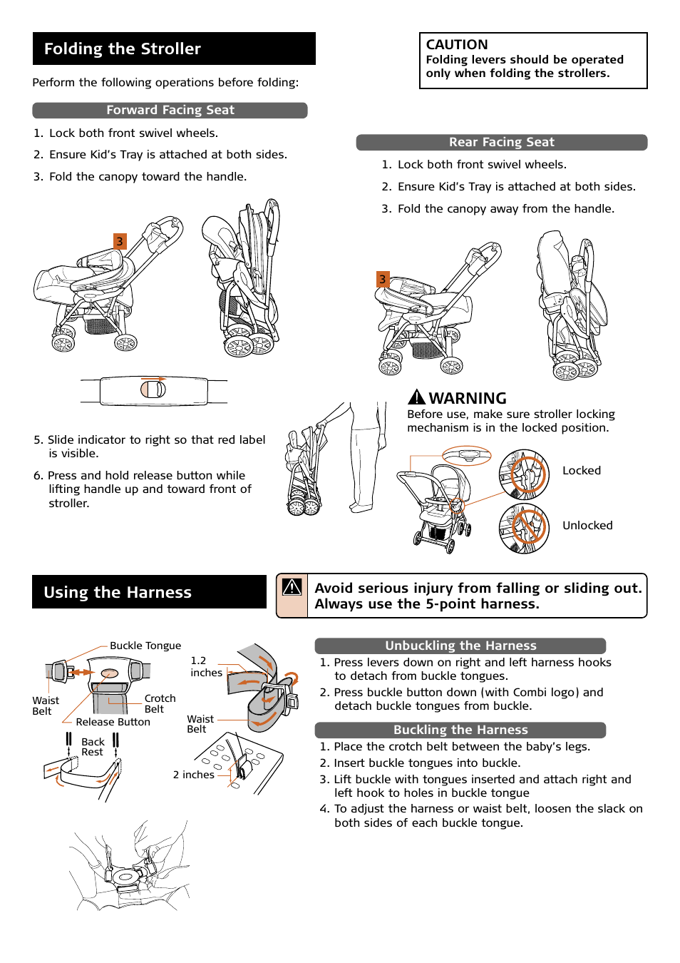 Folding the stroller, Using the harness, Warning | Combi 7100 Series User Manual | Page 7 / 11