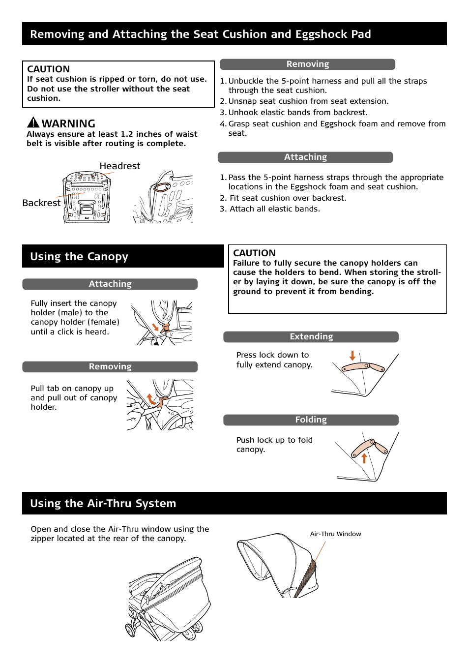 Using the canopy, Using the air-thru system, Warning | Combi 7100 Series User Manual | Page 8 / 11