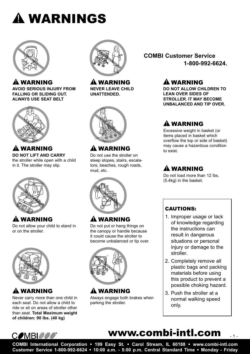 Warnings for your child’s safety, Questions or concerns check our website | Combi 7030 User Manual | Page 2 / 8