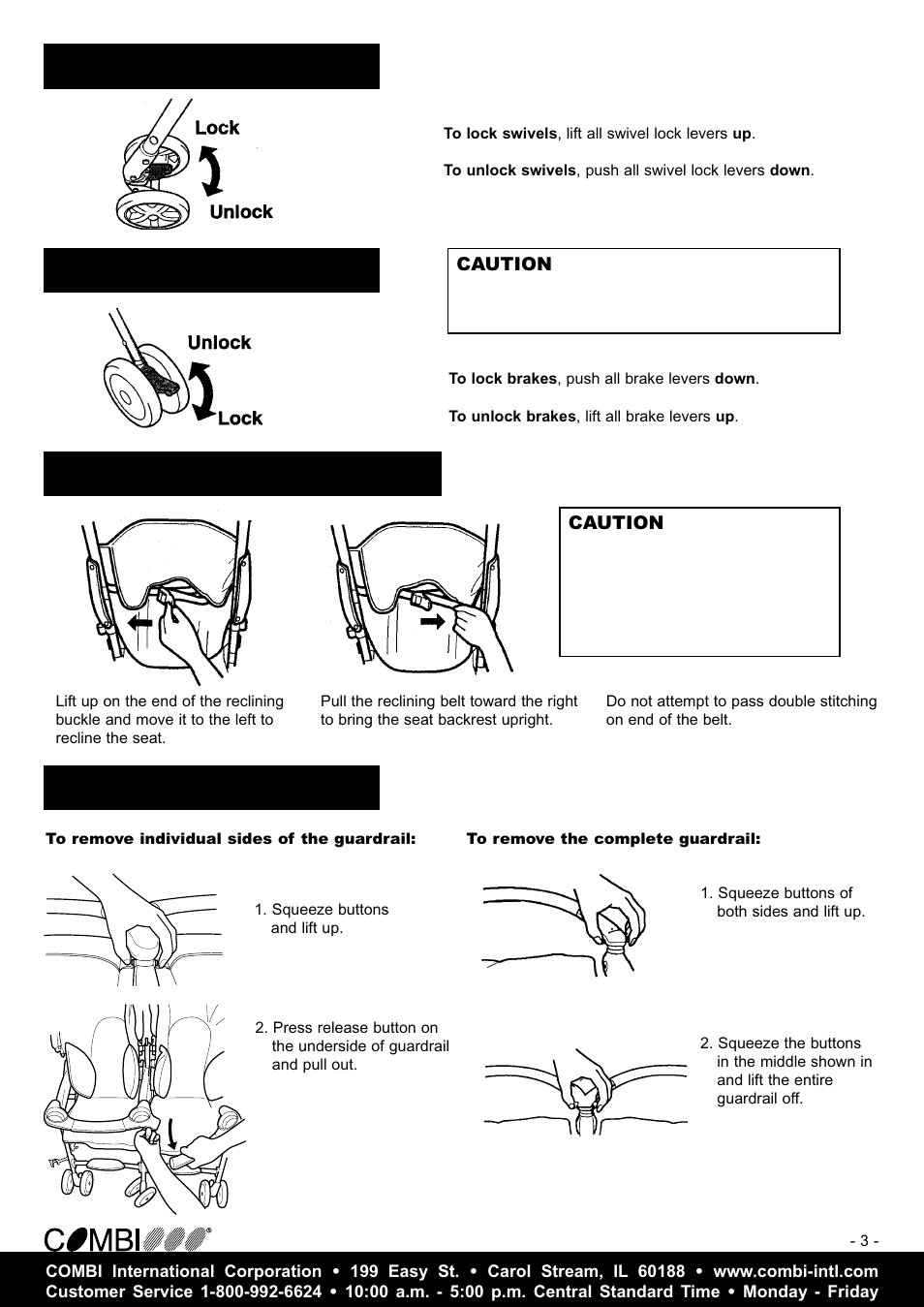 Using the reclining backrest, Using the guardrail using the brakes, Using the swivel wheels | Combi 7030 User Manual | Page 4 / 8