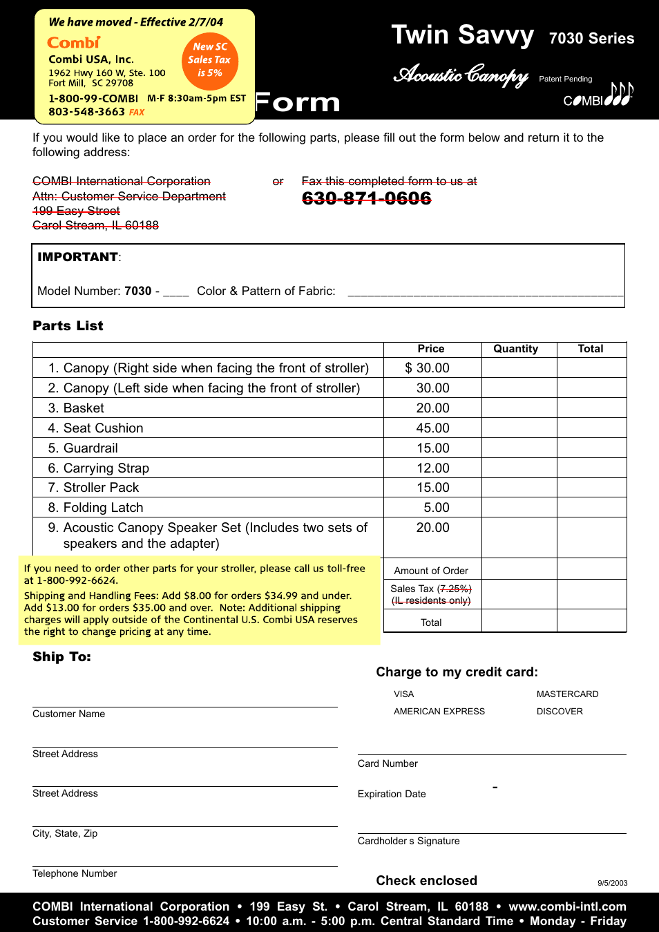 Parts order form, Twin savvy, Acoustic canopy | Combi 7030 User Manual | Page 8 / 8