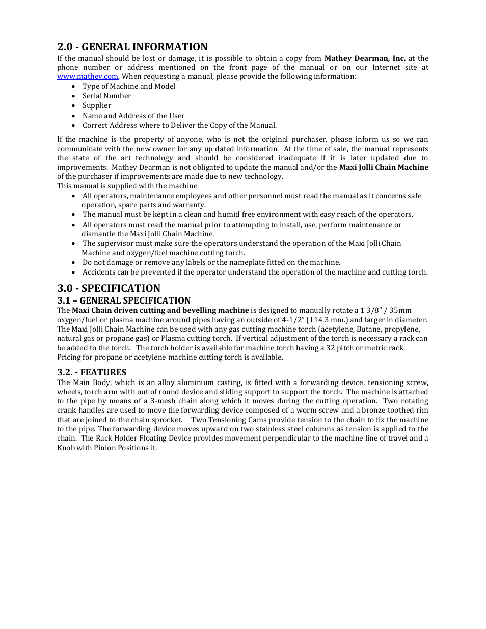 0 - general information, 0 - specification | Mathey Dearman Maxi Jolli Chain Machine User Manual | Page 4 / 23