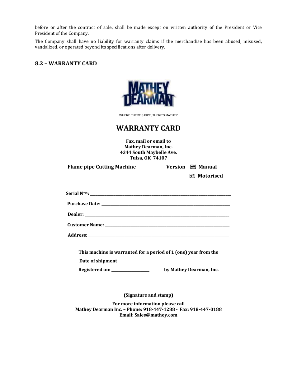 Warranty card | Mathey Dearman Mini Jolli Chain Machine User Manual | Page 14 / 20