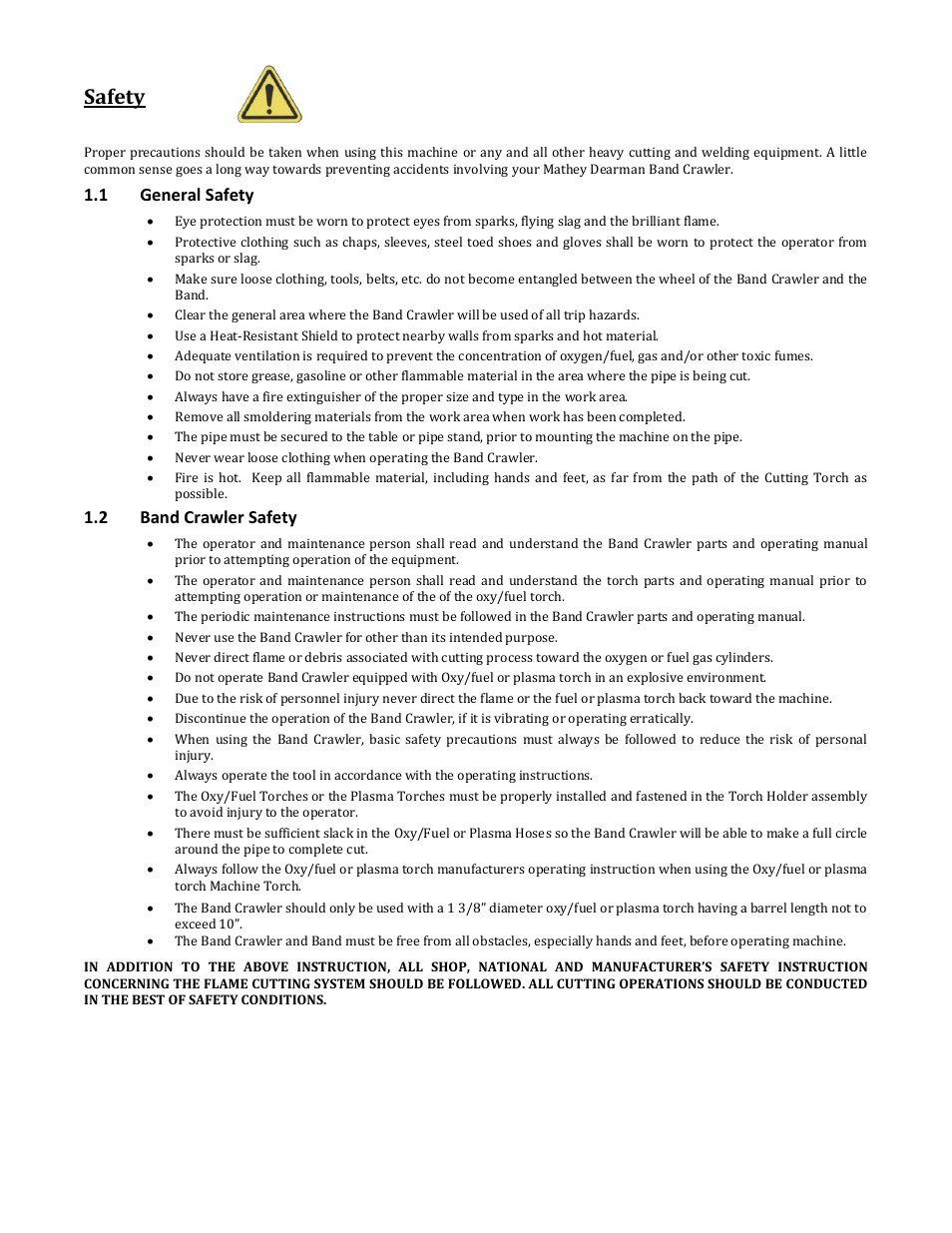 Safety, 1 general safety, 2 band crawler safety | Mathey Dearman Band Machine User Manual | Page 3 / 29