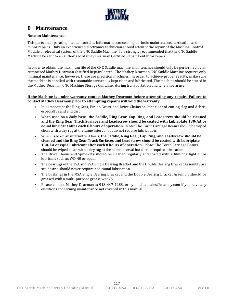 8 maintenance | Mathey Dearman CNC Saddle Machine User Manual | Page 117 / 124