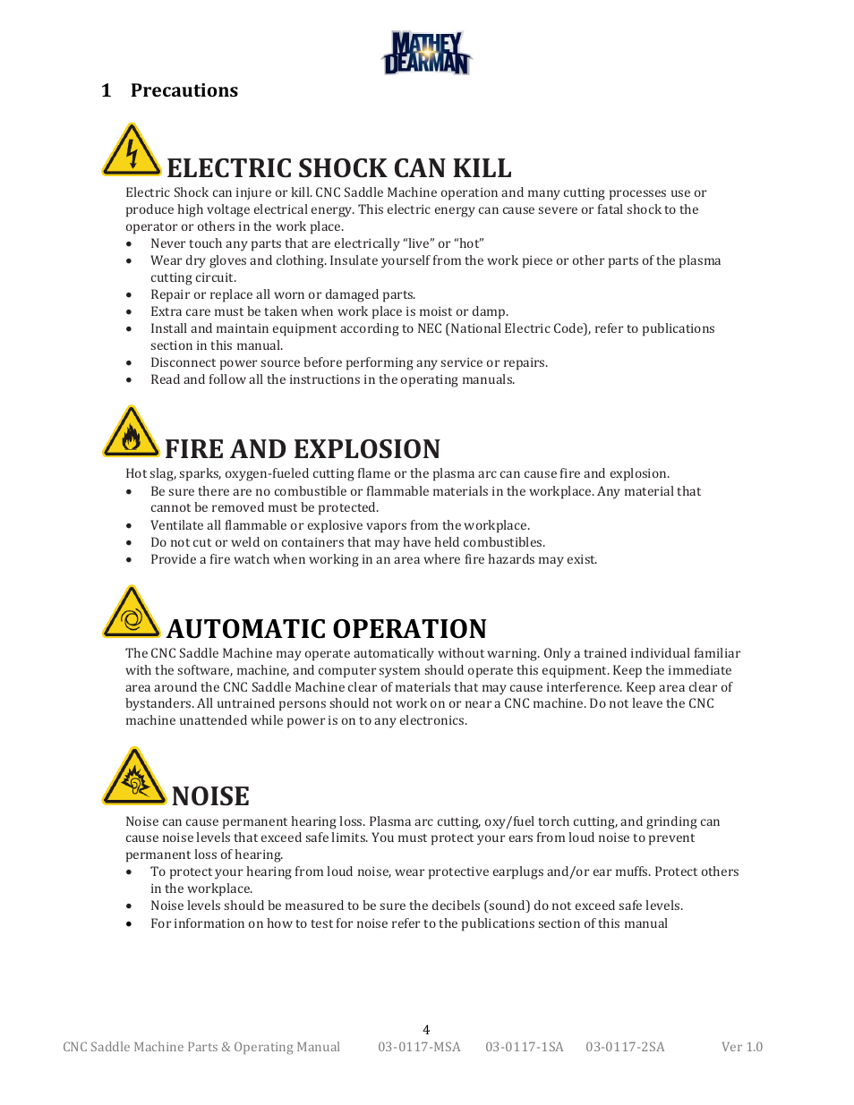 Electric shock can kill, Fire and explosion, Automatic operation | Noise, 1 precautions | Mathey Dearman CNC Saddle Machine User Manual | Page 4 / 124