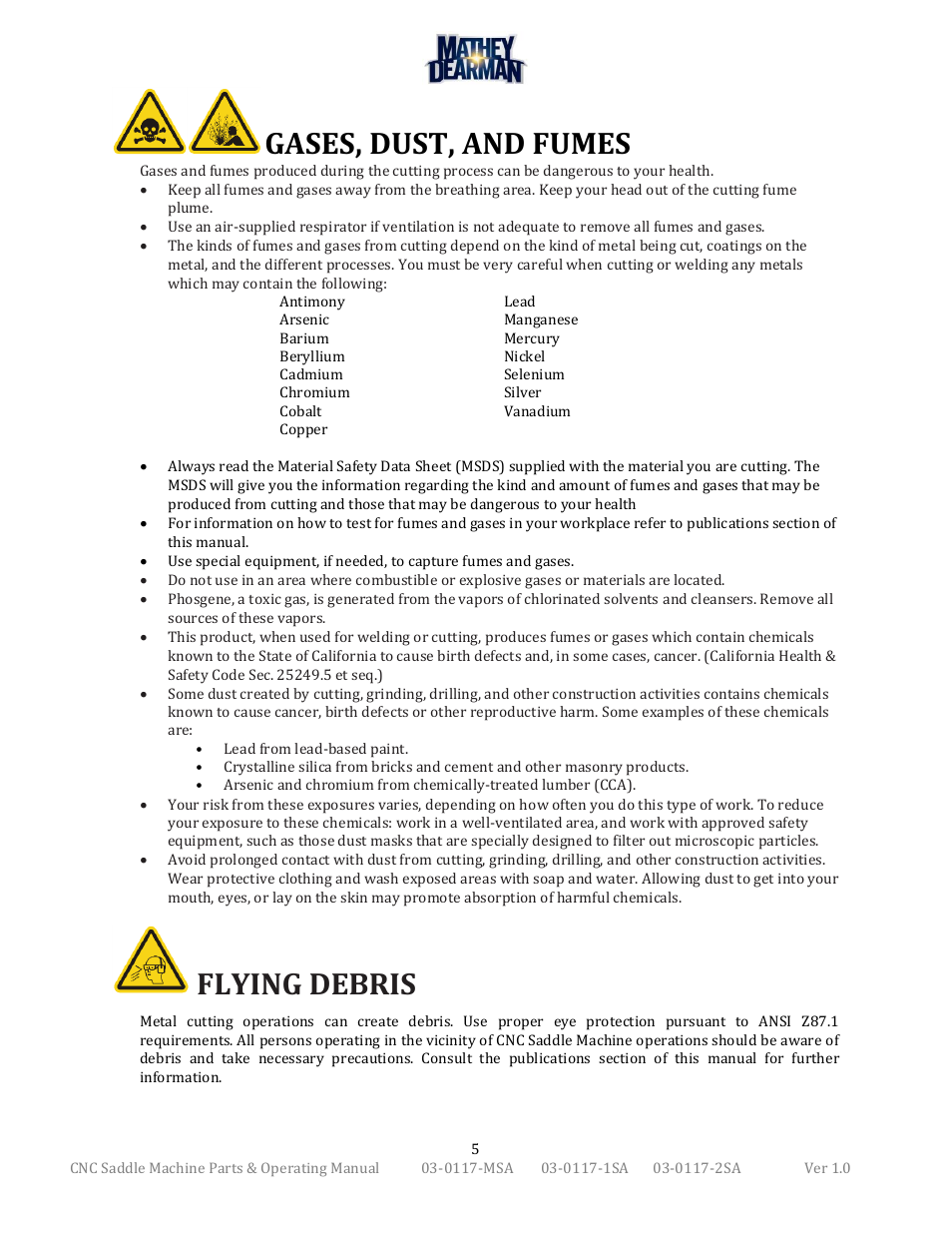 Gases, dust, and fumes, Flying debris | Mathey Dearman CNC Saddle Machine User Manual | Page 5 / 124