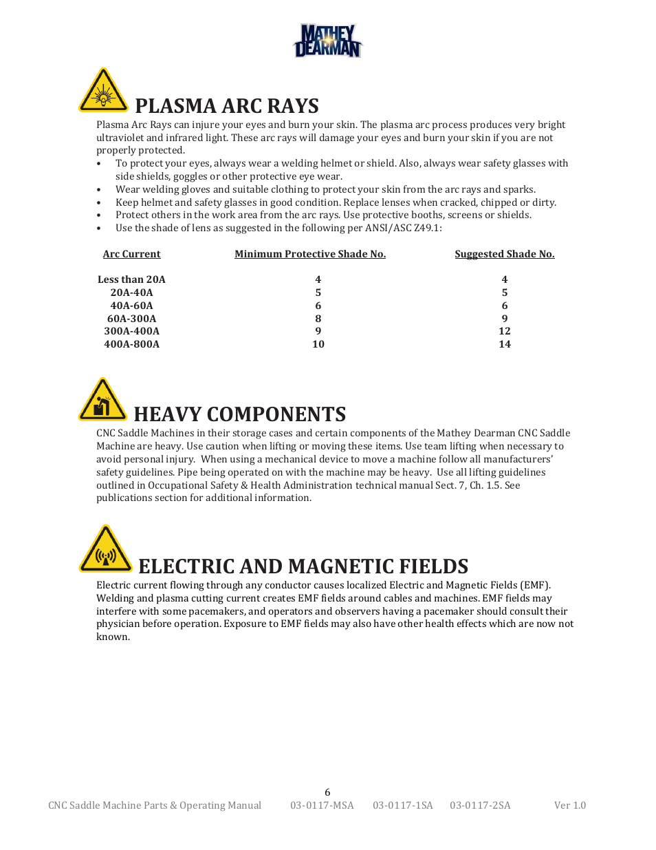 Plasma arc rays, Heavy components, Electric and magnetic fields | Mathey Dearman CNC Saddle Machine User Manual | Page 6 / 124