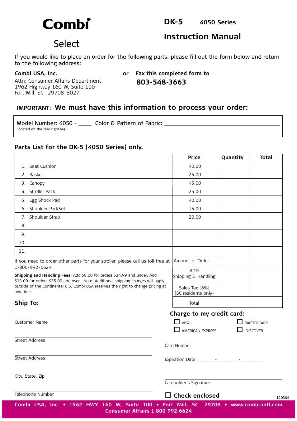 Parts order form, Dk-5, Instruction manual | Combi DK-5 4050 User Manual | Page 14 / 14