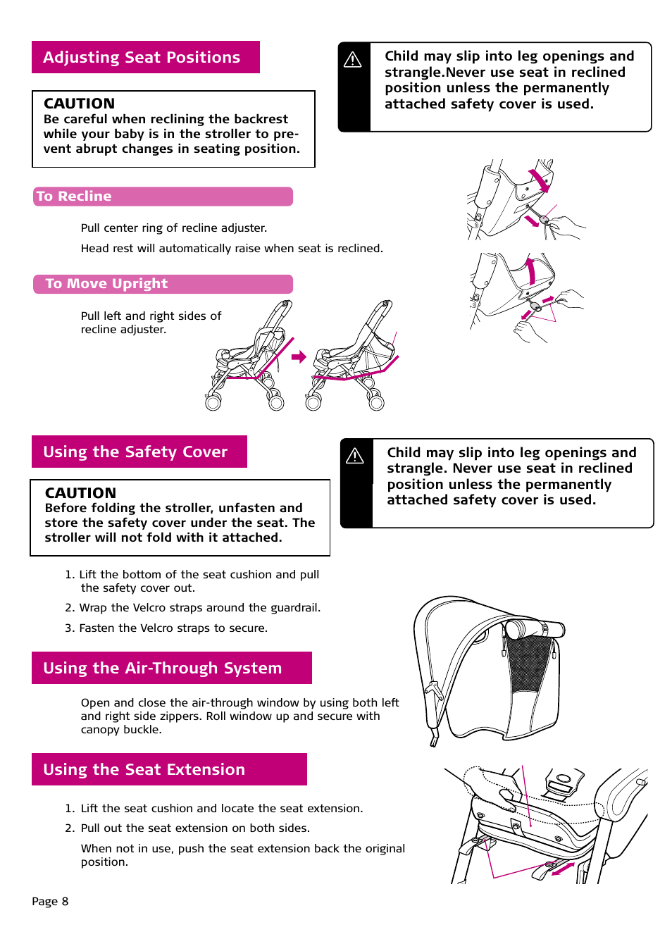 Using the seat extension adjusting seat positions, Using the air-through system, Using the safety cover | Combi DK-5 4050 User Manual | Page 8 / 14