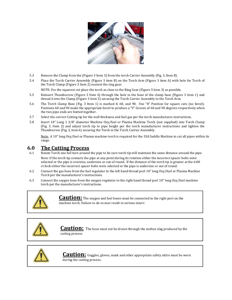 Caution, 0 the cutting process | Mathey Dearman 3SA Saddle Machine User Manual | Page 10 / 21