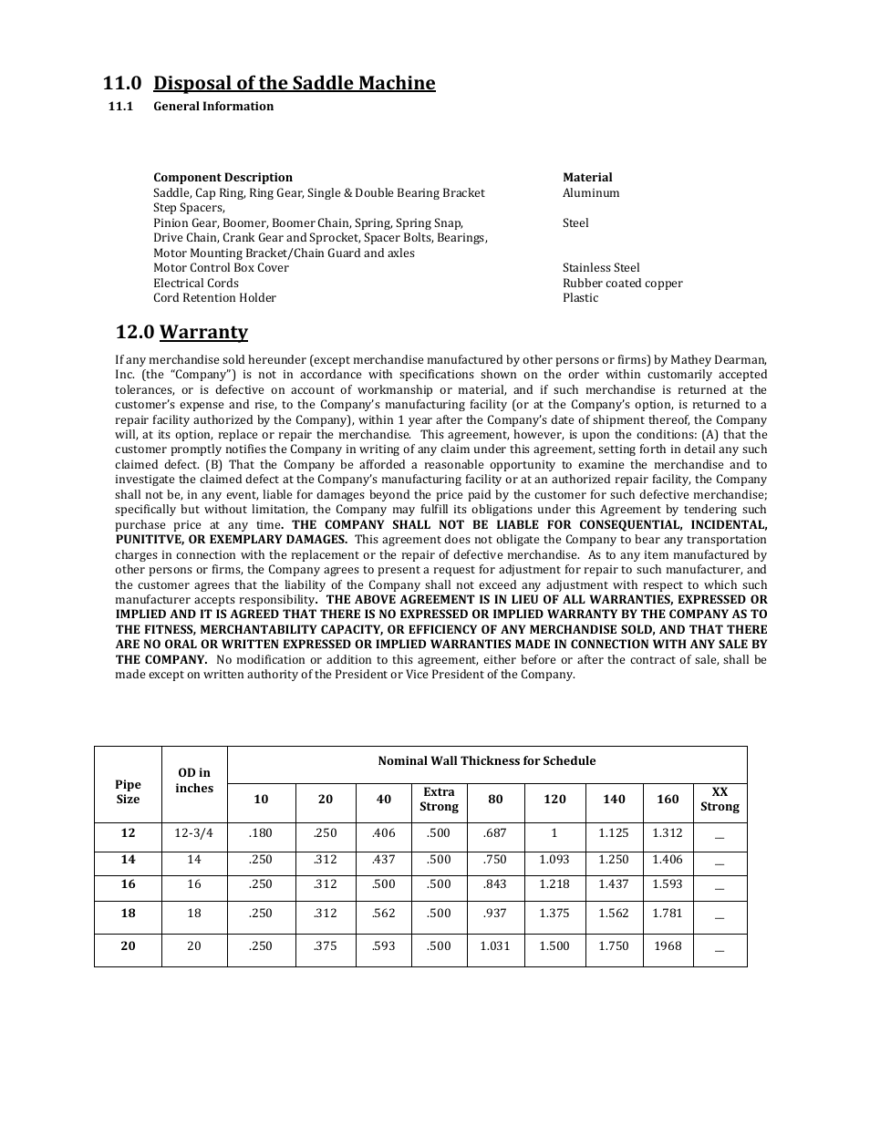 0 disposal of the saddle machine, 0 warranty, Table 8 – commercial pipe sizes and wall thickness | Mathey Dearman 3SA Saddle Machine User Manual | Page 21 / 21